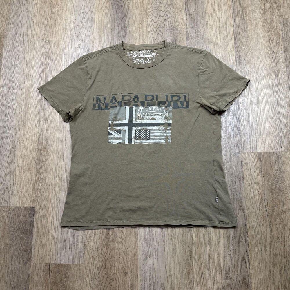 Napapijri Shirt Mens XL Green Geographic Flag Graphic Outdoor Crewneck Tee